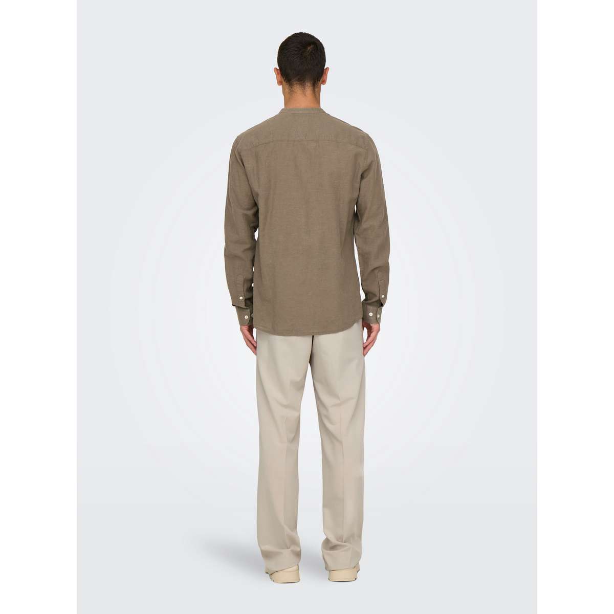 ONLY & SONS MEN’S SLIM FIT LS SOLID LINEN MAO SHIRT 22019173 FOSSIL MELANGE BROWN